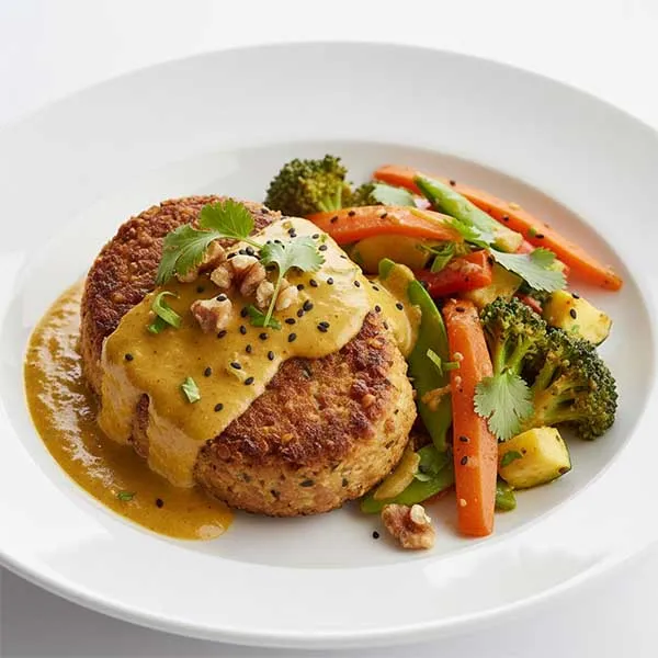 Red Lentil & Walnut Steak with Curried creamy Vegetables